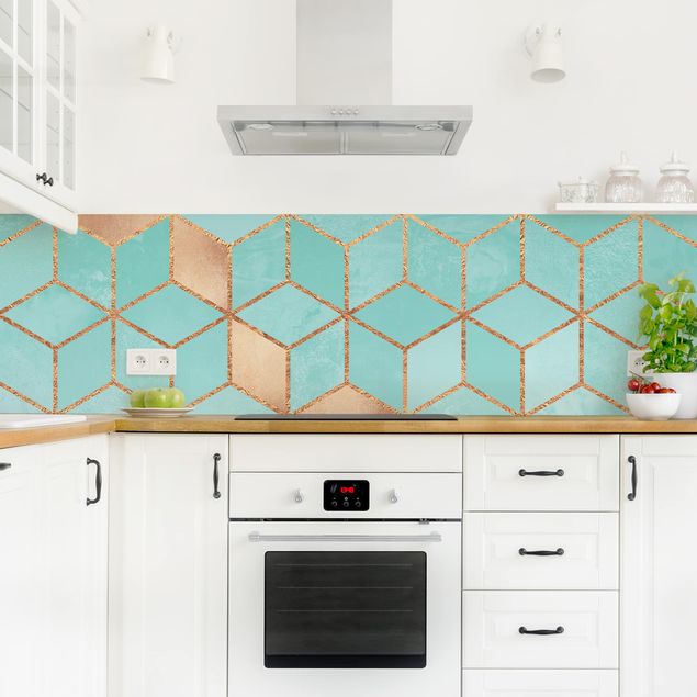Küchenrückwand abstrakt Türkis Weiß goldene Geometrie