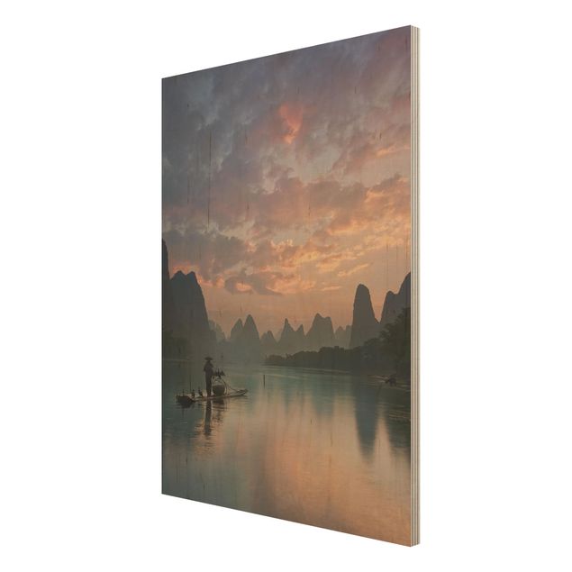 Bilder auf Holz Sonnenaufgang über chinesischem Fluss