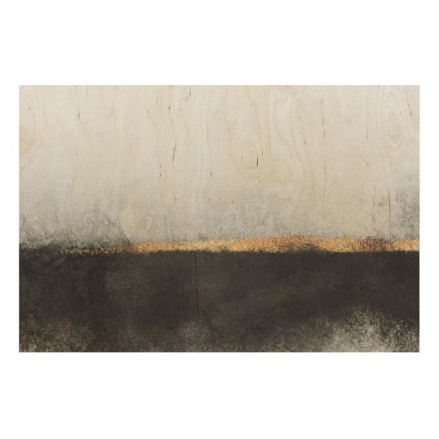 Holzbild - Abstrakter Goldener Horizont Schwarz Weiß - Querformat 2:3