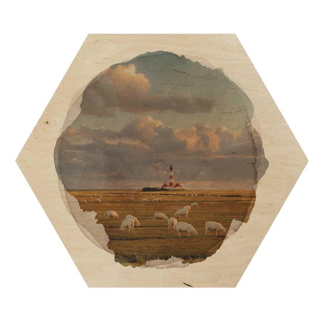 Hexagon Bild Holz - Wasserfarben - Nordsee Leuchtturm mit Schafsherde