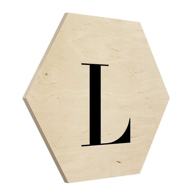 Hexagon Bild Holz - Buchstabe Serif Weiß L