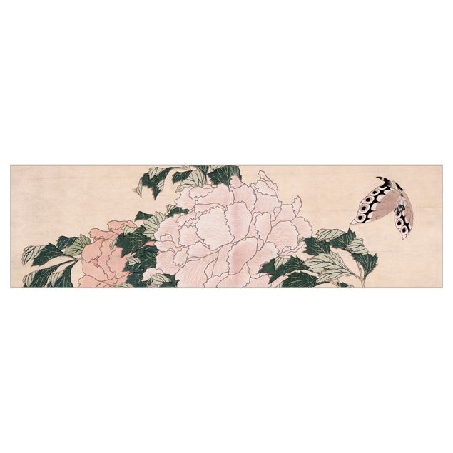 Katsushika Hokusai Kunstdrucke Katsushika Hokusai - Rosa Pfingstrosen mit Schmetterling