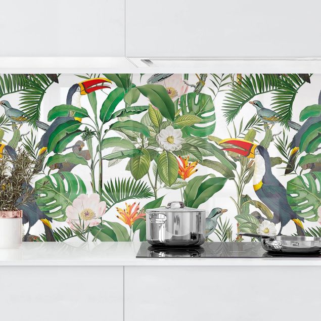 Küchenrückwände Platte Tropischer Tukan mit Monstera und Palmenblättern