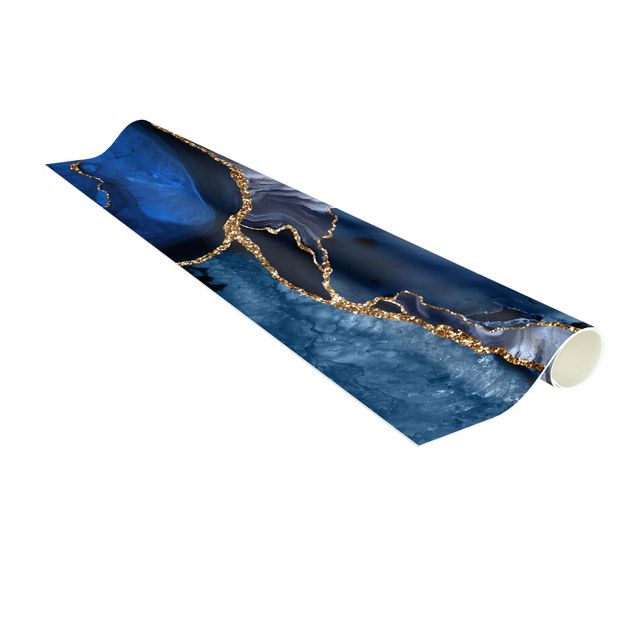 Moderner Teppich Goldene Glitzer Wellen vor Blau