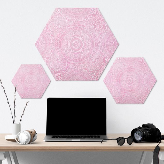 Hexagon Bild Alu-Dibond - Muster Mandala Rosa