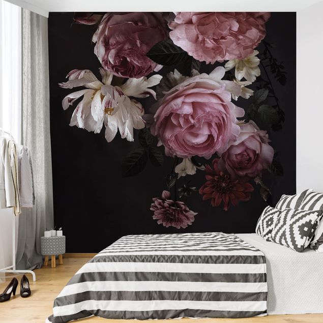 Fototapete - Rosa Blumen auf Schwarz