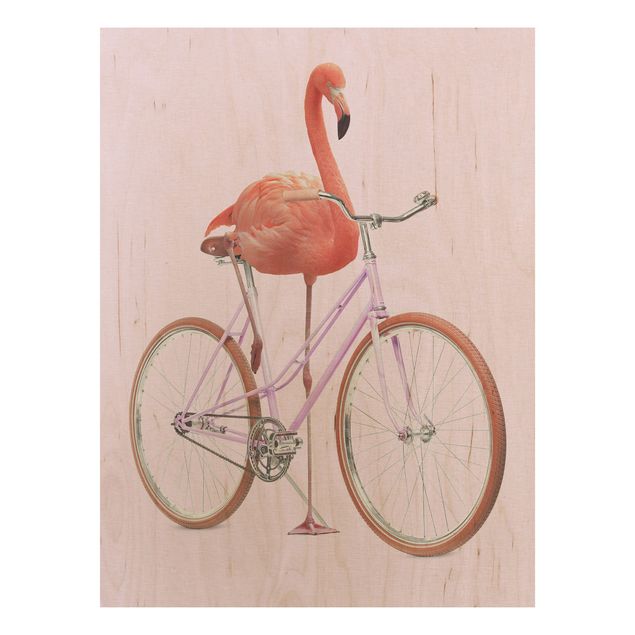 Bilder auf Holz Flamingo mit Fahrrad