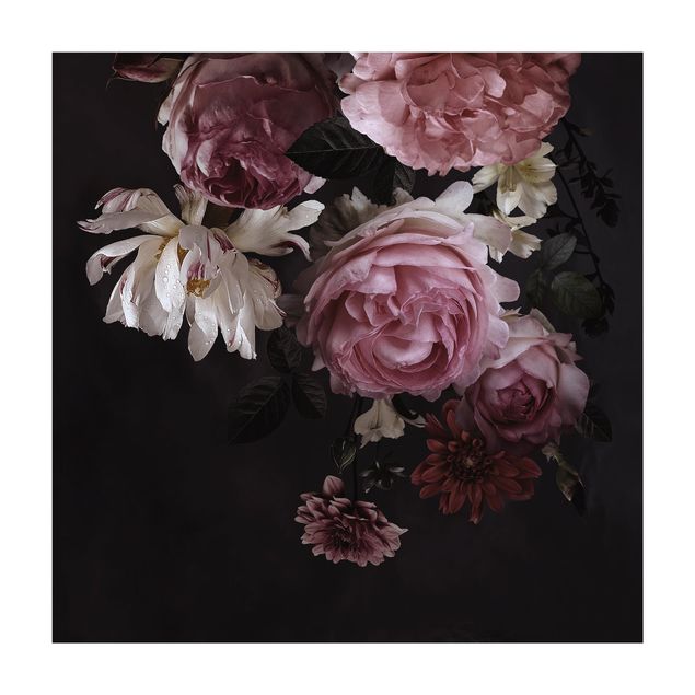 Teppich Blumen Rosa Blumen auf Schwarz Vintage