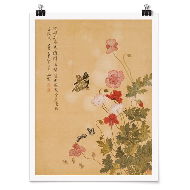 Poster Tiere Yuanyu Ma - Mohnblumen und Schmetterlinge