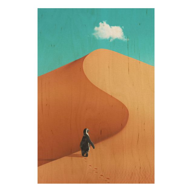 Holzbilder modern Wüste mit Pinguin