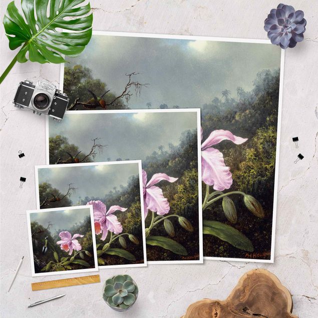 Wandbilder Kunstdruck Martin Johnson Heade - Stillleben mit Orchidee und zwei Kolibris