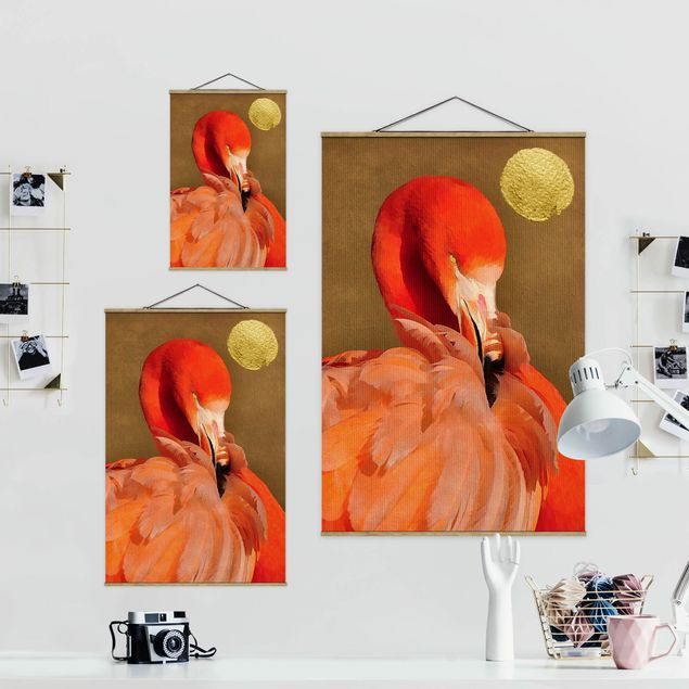 Stoffbild mit Posterleisten - Goldener Mond mit Flamingo - Hochformat 2:3