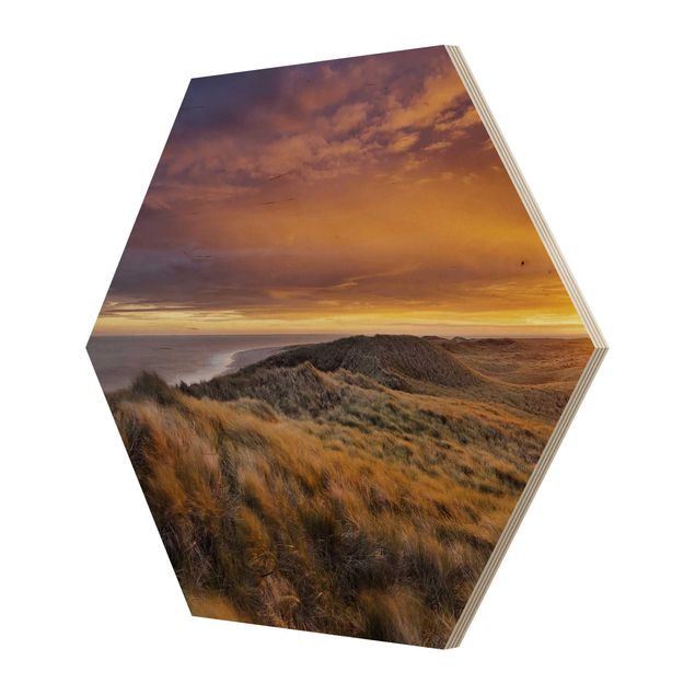 Hexagon Bild Holz - Sonnenaufgang am Strand auf Sylt