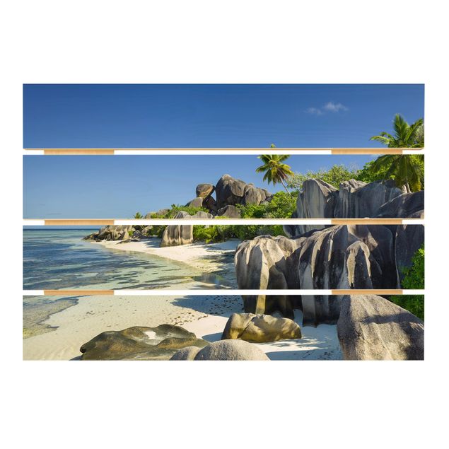 Wandbild Holz Traumstrand Seychellen
