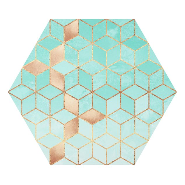 Hexagon Bilder Türkis Weiß goldene Geometrie
