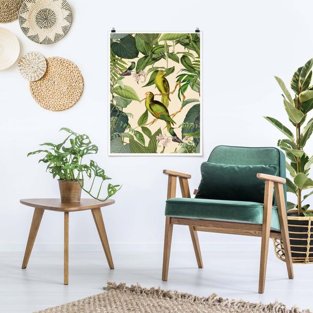 Blumenposter Vintage Collage - Papageien im Dschungel