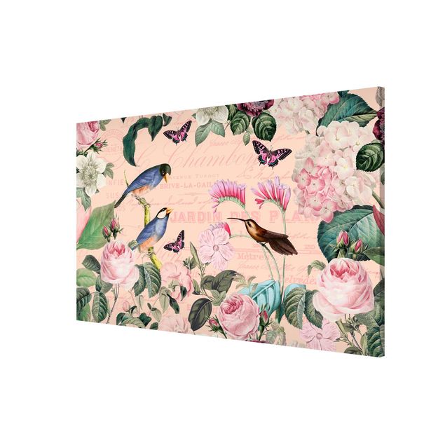 Magnettafel Blumen Vintage Collage - Rosen und Vögel