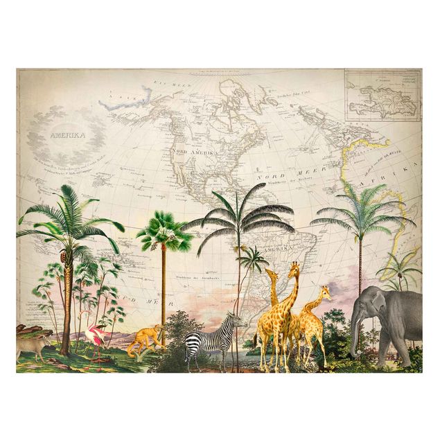 Magnettafel Weltkarte Vintage Collage - Tierwelt auf Weltkarte