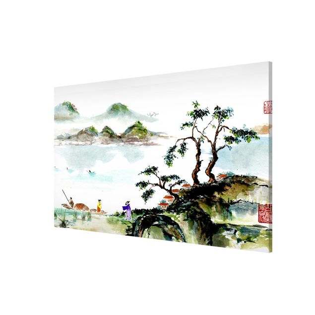 Schöne Wandbilder Japanische Aquarell Zeichnung See und Berge