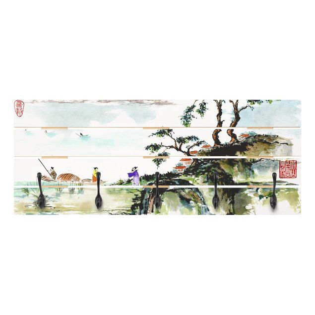 Wandgarderobe Holz - Japanische Aquarell Zeichnung See und Berge - Haken chrom Querformat