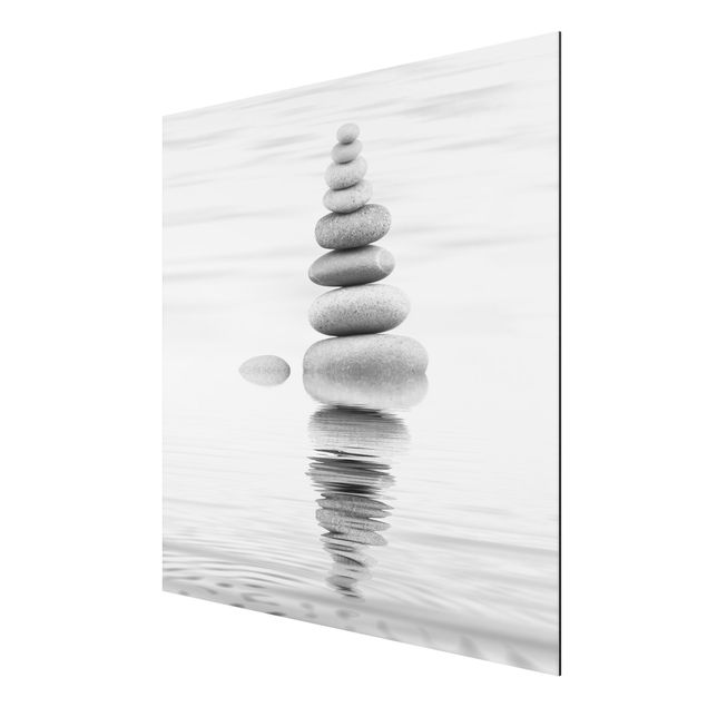 Aluminium Print gebürstet - Steinturm im Wasser Schwarz-Weiß - Quadrat 1:1