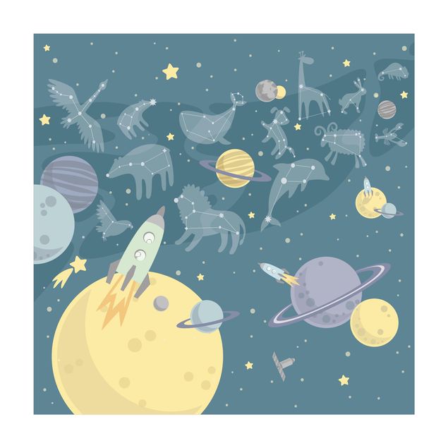 Vinyl-Teppich - Planeten mit Sternzeichen und Raketen - Quadrat 1:1