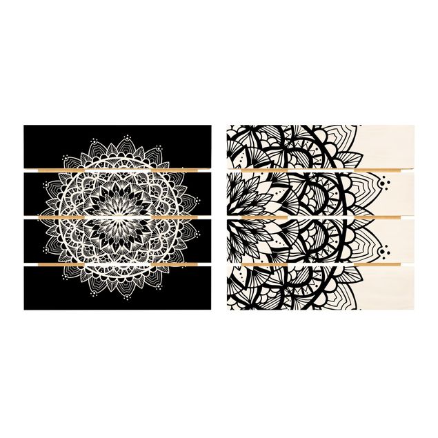 Holzbild 2-teilig - Mandala Illustration shabby Set schwarz weiß - Quadrate 1:1