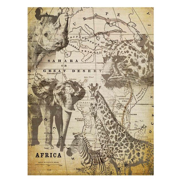 Magnettafel Weltkarte Vintage Collage - Africa Wildlife