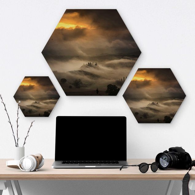 Hexagon Bild Holz - Nebelwellen