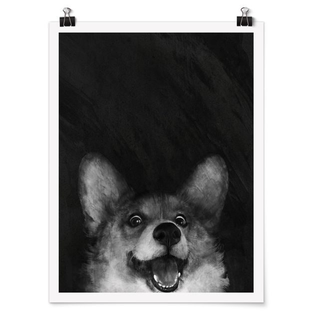 Schwarz-Weiß Poster Illustration Hund Corgi Malerei Schwarz Weiß