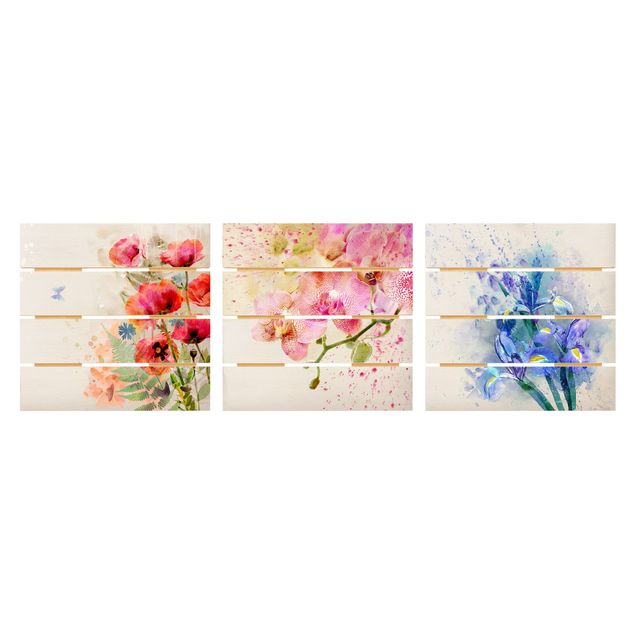 Holzbild 3-teilig - Aquarell Blumen Trio - Quadrate 1:1