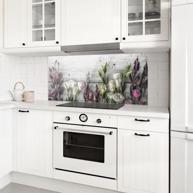 Küchenrückwand Glas Motiv Blumen Tulpen-Rose Shabby Holzoptik