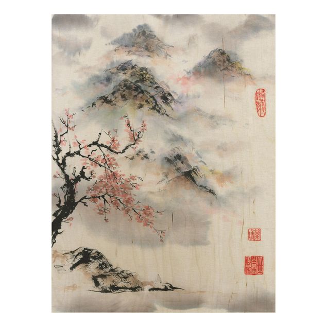 Holzbild Blumen Japanische Aquarell Zeichnung Kirschbaum und Berge