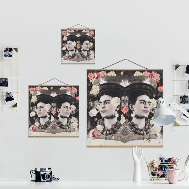 Stoffbild mit Posterleisten - Frida Kahlo - Blumenflut - Quadrat 1:1