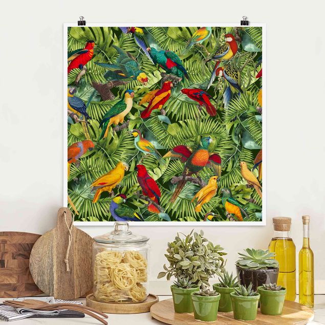Wandbilder Tiere Bunte Collage - Papageien im Dschungel
