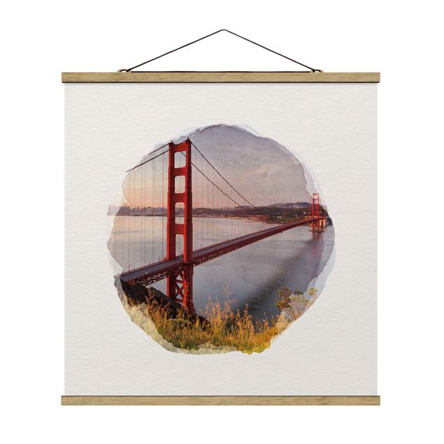 Stoffbild mit Posterleisten - Wasserfarben - Golden Gate Bridge in San Francisco - Quadrat 1:1