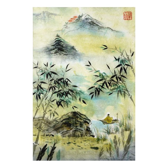 Alu Dibond Druck Japanische Aquarell Zeichnung Bambuswald