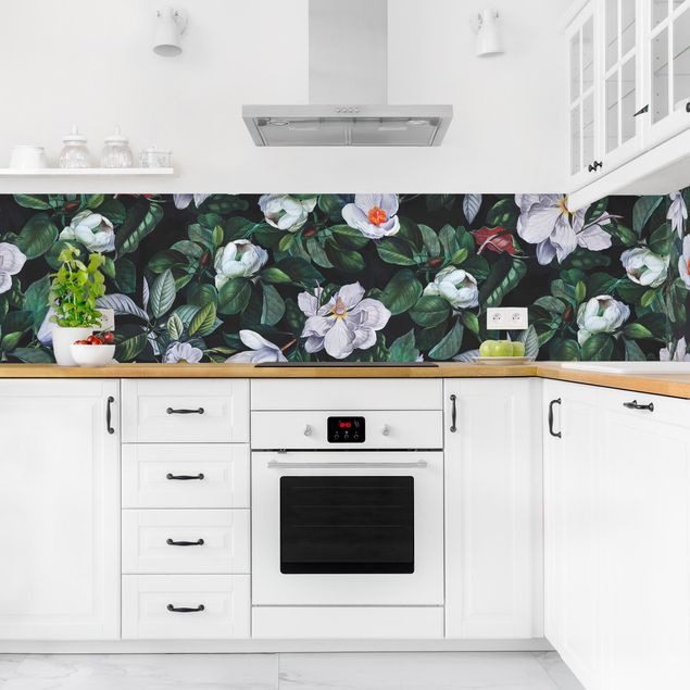 Küchenrückwand Muster Tropische Nacht mit weißen Blumen