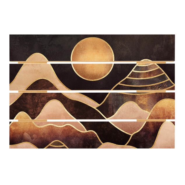 Holzbilder Goldene Sonne abstrakte Berge