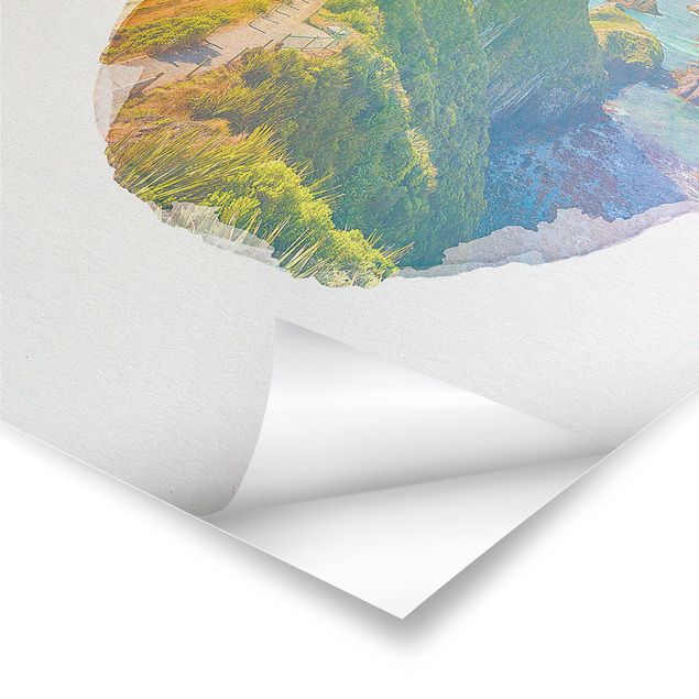 Poster - Wasserfarben - Nugget Point Leuchtturm und Meer Neuseeland - Hochformat 4:3
