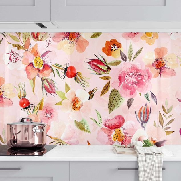 Küchenrückwände Platte Aquarellierte Blumen auf Rosa