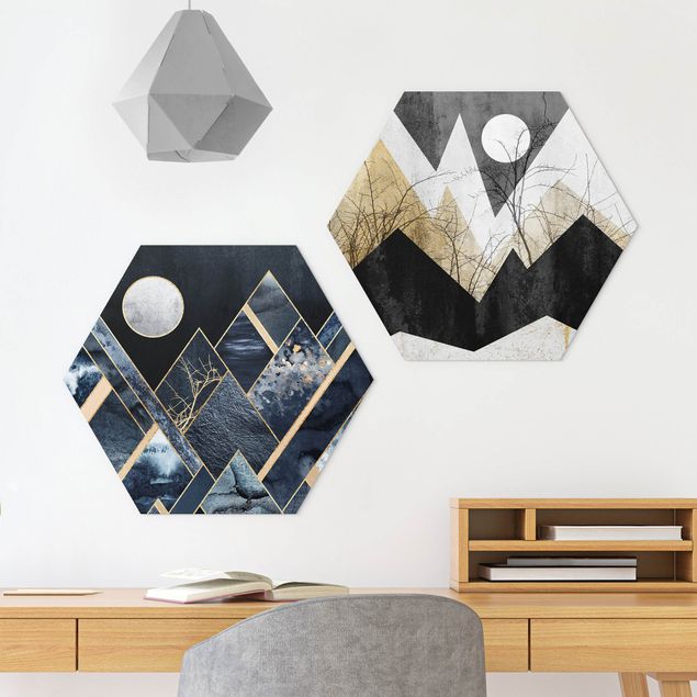 Hexagon Bild Alu-Dibond 2-teilig - Elisabeth Fredriksson - Goldener Mond und geometrische Berge