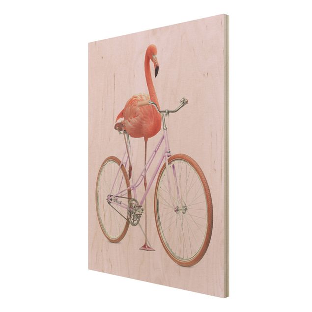Holzbild - Jonas Loose - Flamingo mit Fahrrad - Hochformat 4:3