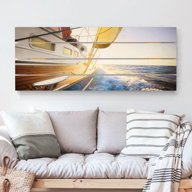 Maritime Bilder auf Holz Segelboot auf blauem Meer bei Sonnenschein