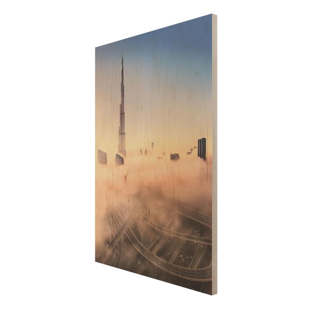 Wandbild Holz Himmlische Skyline von Dubai