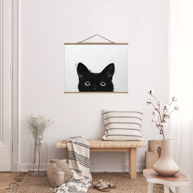Stoffbilder zum Aufhängen Illustration Schwarze Katze auf Weiß Malerei
