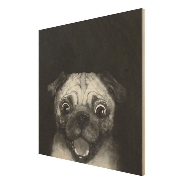 Bilder auf Holz Illustration Hund Mops Malerei auf Schwarz Weiß