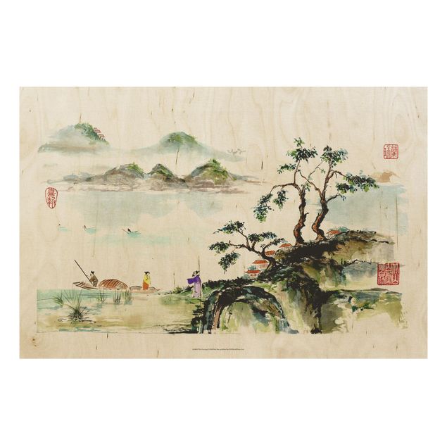 Holzbild Natur Japanische Aquarell Zeichnung See und Berge
