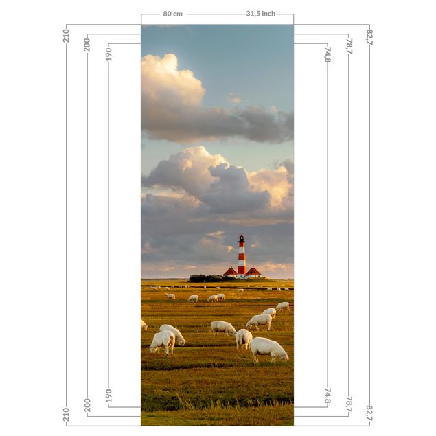 Duschrückwand - Nordsee Leuchtturm mit Schafsherde