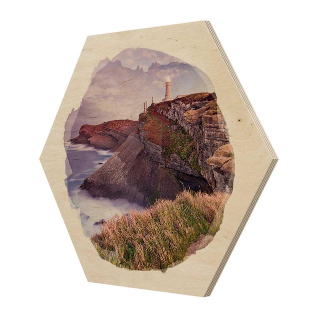 Hexagon Bild Holz - Wasserfarben - Steilküste und Leuchtturm